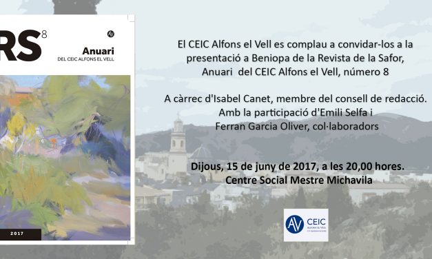 Presentació a Beniopa del número 8 de la Revista de la Safor (dijous 15 de juny, 20.00 h, Centre Social Mestre Michavila)