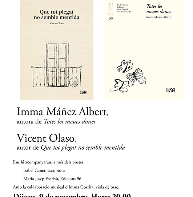 Imma Máñez Albert i Vicent Olaso presenten poemaris a la llibreria Ambra de Gandia (9 de novembre, a les 20 h)
