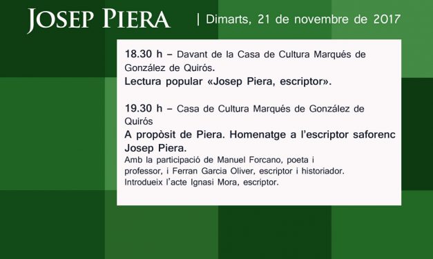 Homenatge a Josep Piera (21 de novembre, dimarts, a la Casa de Cultura Marqués de González de Quirós de Gandia, a partir de les 18.30 h)